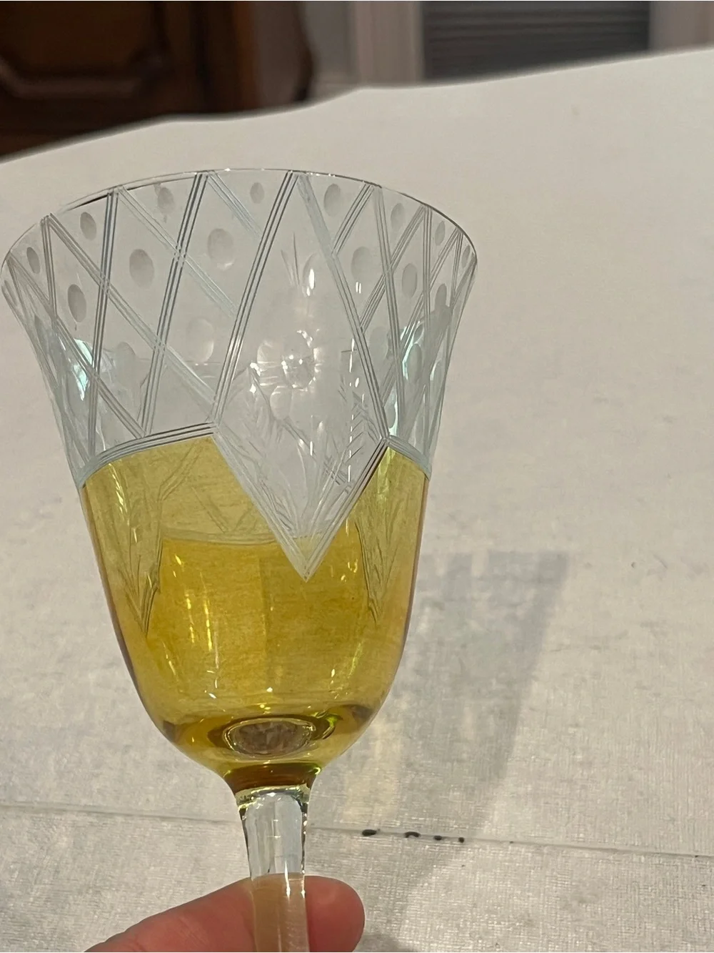 Vintage MCM Cut Crystal floral Yellow Wine Glasses - Set of 2. Gorgeous!
